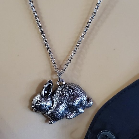 Bunny Rabbit Necklace - Copper Alloy Plated in Antique Silver - 17" chain - Picture 4 of 10